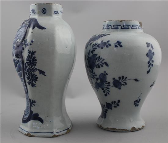 Two Delft blue and white vases, late 18th century, 17.5cm, both with losses to rims